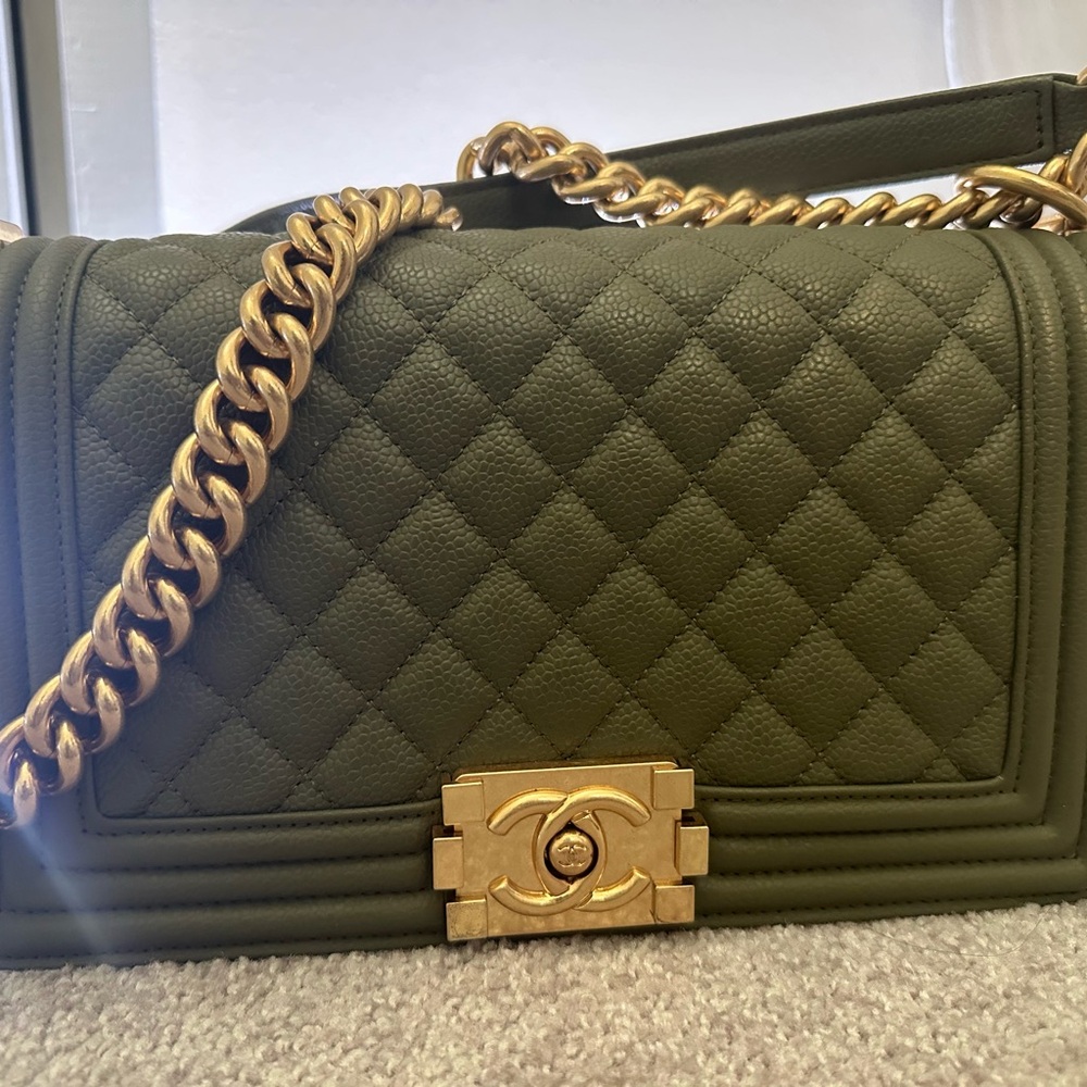 olive green chanel boy bag with gold hardware. Sold out in most places. RARE